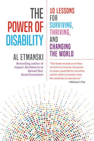 Book cover of "The Power of Disability" featuring a sunrise pattern created with multi-colored dots on a white background.